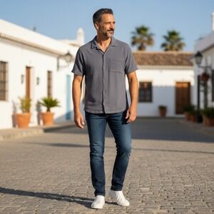 Common People Short Sleeve Button Up Slate Gray Waffle Knit Cabana Boy Coastal M
